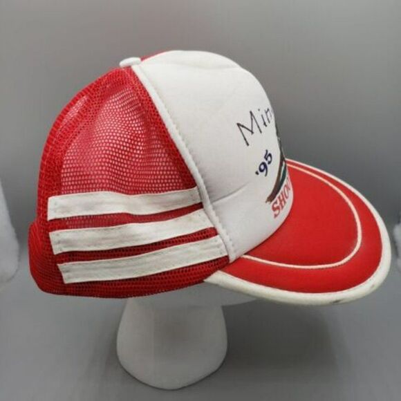 Vintage 90 3 Stripe Minidoka '95 Shoot Out Trucker SnapBack Hat Cannon Red white - Picture 2 of 8